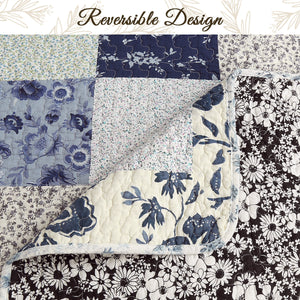 Azure Blue Floral Garden Patchwork 3 Piece Cotton Reversible Quilt Bedding Set