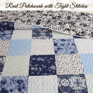Azure Blue Floral Garden Patchwork 3 Piece Cotton Reversible Quilt Bedding Set