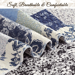 Azure Blue Floral Garden Patchwork 3 Piece Cotton Reversible Quilt Bedding Set