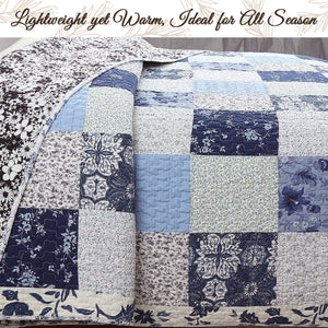 Azure Blue Floral Garden Patchwork 3 Piece Cotton Reversible Quilt Bedding Set