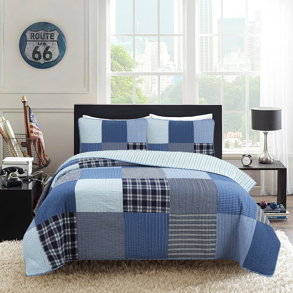 Navy Klein Blue Plaid Stripe Tartan Patchwork Cotton Reversible Quilt Bedding Set