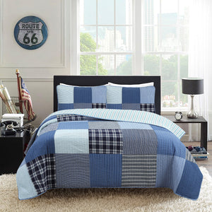 Navy Klein Blue Plaid Stripe Tartan Patchwork Cotton Reversible Quilt Bedding Set