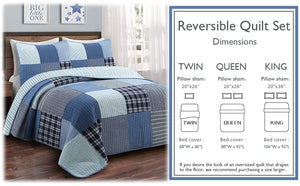 Navy Klein Blue Plaid Stripe Tartan Patchwork Cotton Reversible Quilt Bedding Set