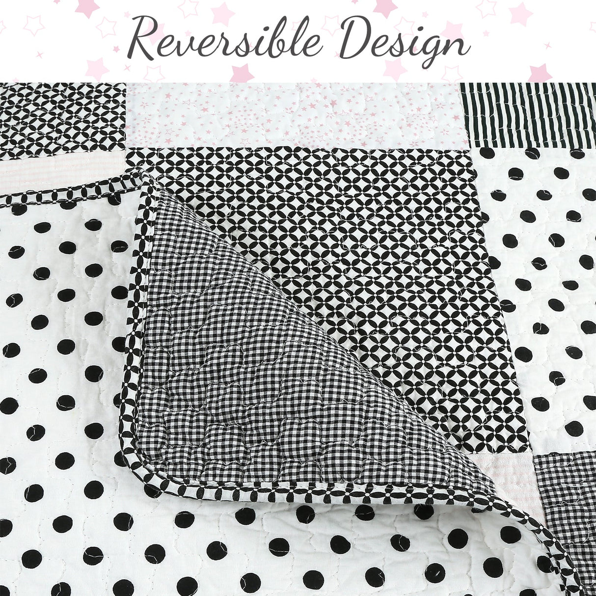 Halftone Black White Subtle Pink Polka Dot Patchwork Cotton Quilt Bedding Set