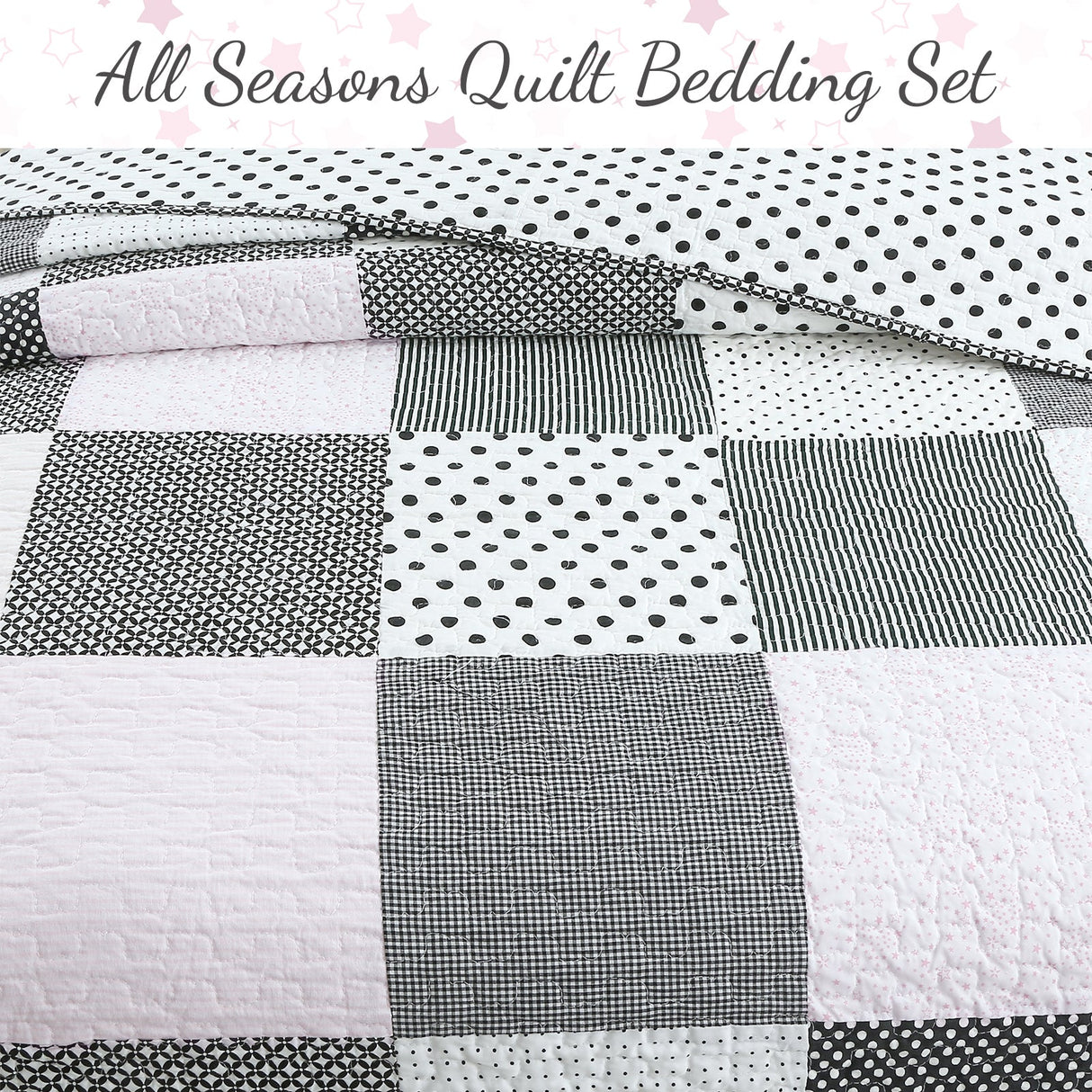 Halftone Black White Subtle Pink Polka Dot Patchwork Cotton Quilt Bedding Set