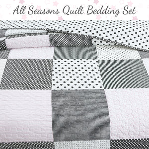 Halftone Black White Subtle Pink Polka Dot Patchwork Cotton Quilt Bedding Set