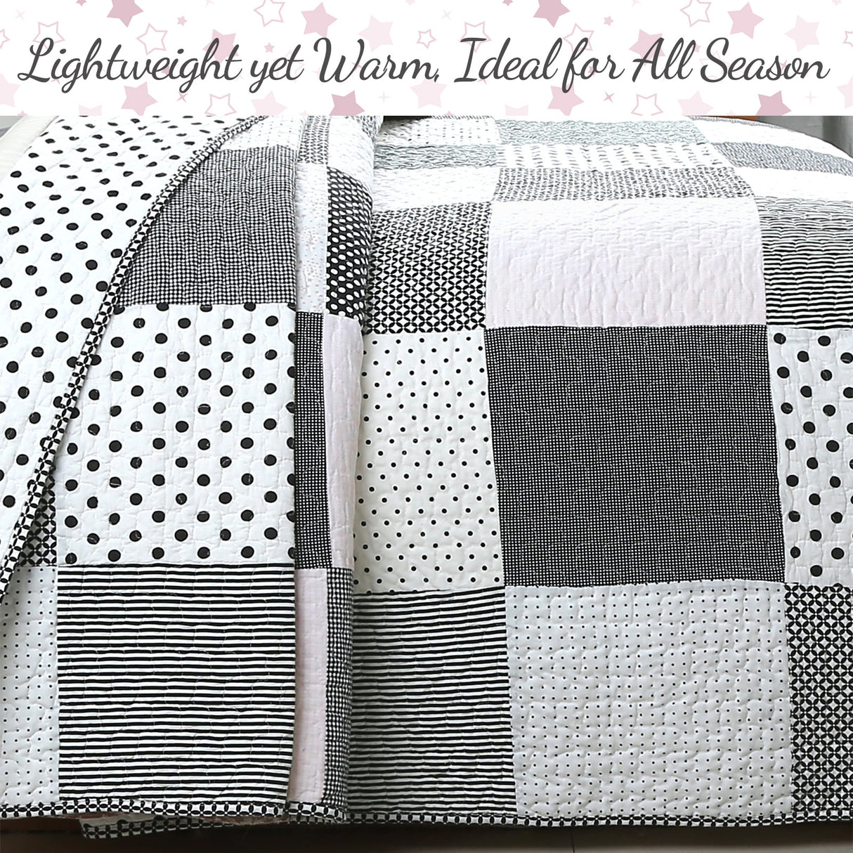 Halftone Black White Subtle Pink Polka Dot Patchwork Cotton Quilt Bedding Set