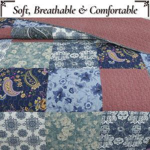 Country Cozy Blue Rose Floral Paisley Garden Cotton 3 Piece Patchwork Quilt Bedding Set