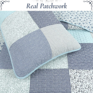 Subtle Cozy Blue Checker Cottage Floral  Stripe Cotton 3 Piece Patchwork Quilt Bedding Set