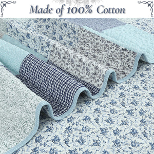 Subtle Cozy Blue Checker Cottage Floral  Stripe Cotton 3 Piece Patchwork Quilt Bedding Set
