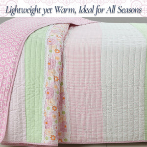 Pink Floral Fun Whimsy Gingham Stripe Cotton Quilt Bedding Set