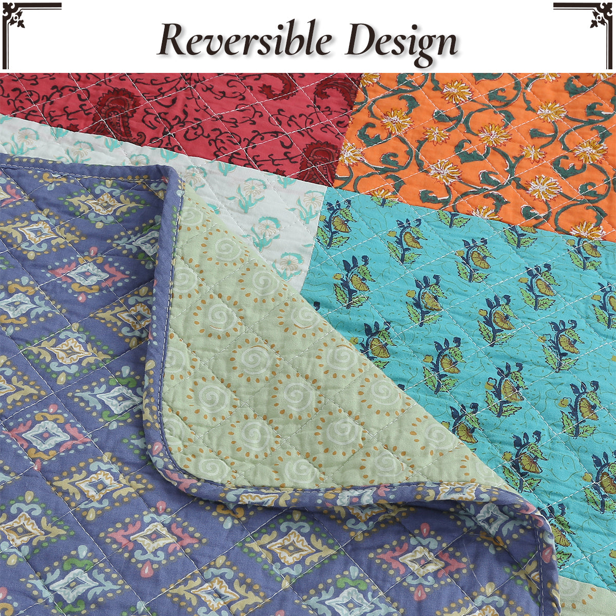 Bold Bright Multi Color Boho Floral Patchwork 3 Piece Cotton  Quilt Bedding Set