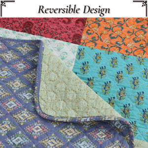 Bold Bright Multi Color Boho Floral Patchwork 3 Piece Cotton  Quilt Bedding Set