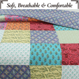 Bold Bright Multi Color Boho Floral Patchwork 3 Piece Cotton  Quilt Bedding Set