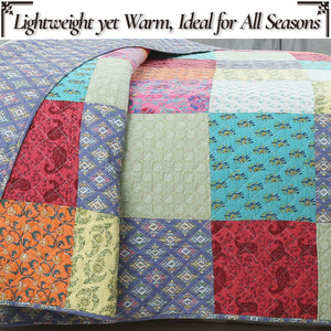 Bold Bright Multi Color Boho Floral Patchwork 3 Piece Cotton  Quilt Bedding Set