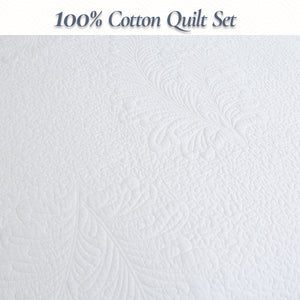 Classic Modern Palm Leaf Stitch Solid White 100% Cotton 3 Piece Quilt Bedding Set