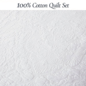 Classic Orient Damask Medallion Stitch Solid White 100% Cotton 3 Piece Quilt Bedding Set