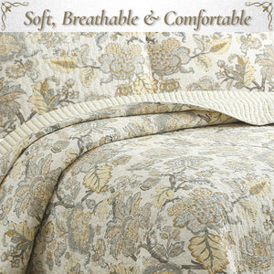 Autumn Floral Foliage Brown Beige Gold Cotton 3 Piece Quilt Bedding Set