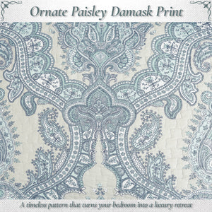 Ornate Paisley Medallion Grey Blue Cotton 3 Piece Queen Quilt Bedding Set