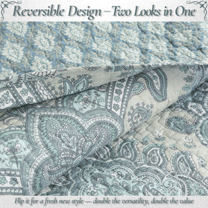 Ornate Paisley Medallion Grey Blue Cotton 3 Piece Queen Quilt Bedding Set