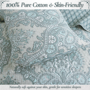 Ornate Paisley Medallion Grey Blue Cotton 3 Piece Queen Quilt Bedding Set