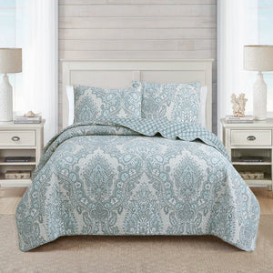 Ornate Paisley Medallion Grey Blue Cotton 3 Piece Queen Quilt Bedding Set