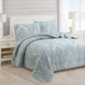Ornate Paisley Medallion Grey Blue Cotton 3 Piece Queen Quilt Bedding Set