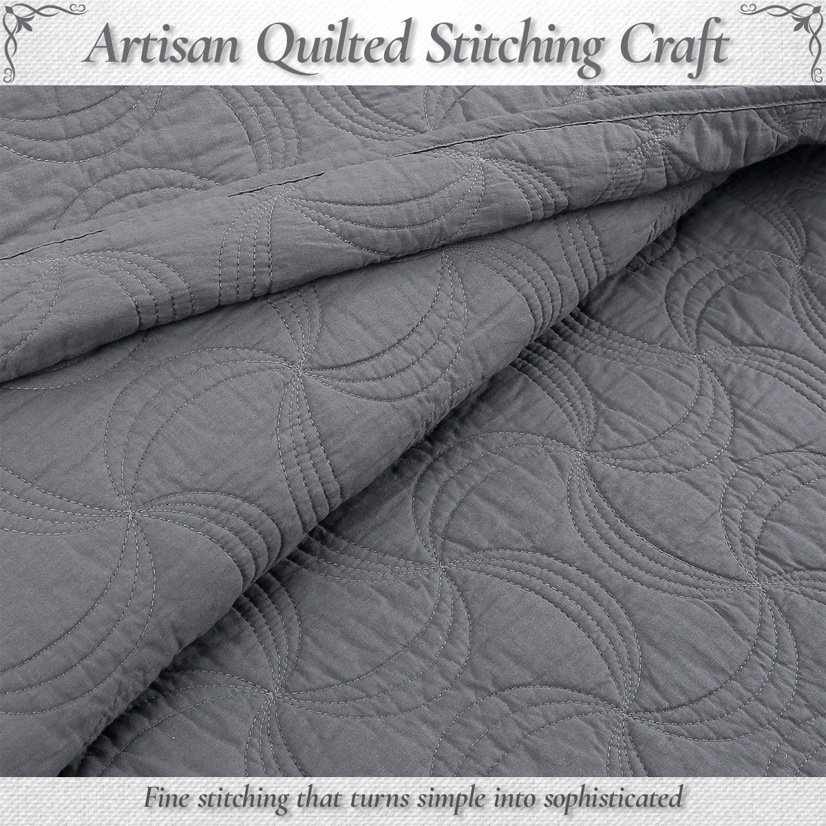 Solid Gray Spiral Swirl Pinwheel 3 Piece Cotton Quilt Bedding Set