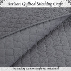 Square Checkered Crisp Clean Solid Chic Gray 3 Piece Cotton Reversible Quilt Bedding Set