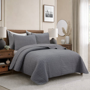 Solid Chic Gray Square Gingham Checkered 3 Piece Cotton Reversible Quilt Bedding Set
