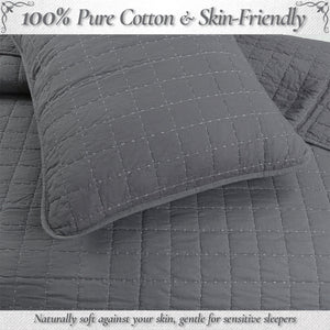 Solid Chic Gray Square Gingham Checkered 3 Piece Cotton Reversible Quilt Bedding Set