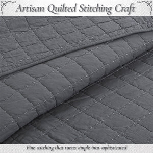 Solid Chic Gray Square Gingham Checkered 3 Piece Cotton Reversible Quilt Bedding Set