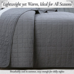 Solid Chic Gray Square Gingham Checkered 3 Piece Cotton Reversible Quilt Bedding Set