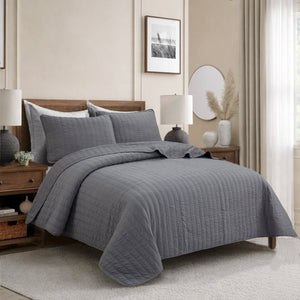 Stripe Staple Channel Lines Classic Solid Chic Gray 3 Piece Cotton Quilt Bedding Set
