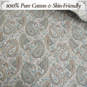 Aquamarine Turquoise Tan Brown Paisley 3 Piece Cotton Quilt Bedding Set