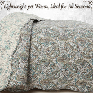 Aquamarine Turquoise Tan Brown Paisley 3 Piece Cotton Quilt Bedding Set