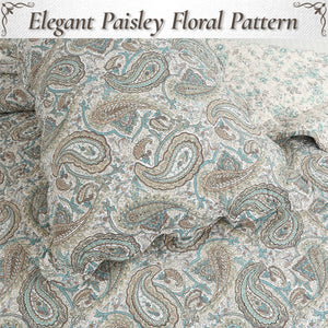 Aquamarine Turquoise Tan Brown Paisley 3 Piece Cotton Quilt Bedding Set
