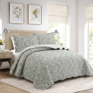 Aquamarine Turquoise Tan Brown Paisley 3 Piece Cotton Quilt Bedding Set