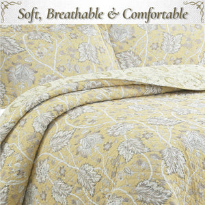 Flaxen Yellow Tan Brown Floral 3 Piece Cotton Quilt Bedding Set