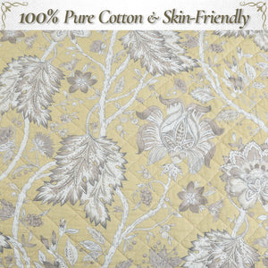 Flaxen Yellow Tan Brown Floral 3 Piece Cotton Quilt Bedding Set