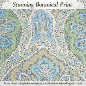 Tweedia Blue Green Floral Paisley Damask 3 Piece Cotton Quilt Bedding Set