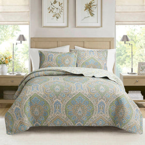 Tweedia Blue Green Floral Paisley Damask 3 Piece Cotton Quilt Bedding Set