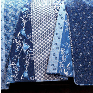 Full/Queen Navy White Light Blue Boho Floral Birds Reversible Quilt Set