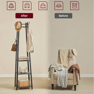 Modern Farmhouse Black Metal Coat Rack Entryway Hall Tree with Grey Wood Shelves