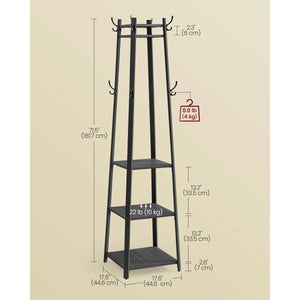 Modern Farmhouse Black Metal Coat Rack Entryway Hall Tree with Grey Wood Shelves