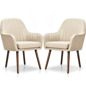 Set of 2 Retro Off-White Linen Upholstered Accent Chair with Stylish Wood Legs