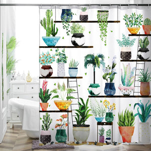 72-in. Watercolor Plants Botanical Floral Flower Pots Succulents Shower Curtain