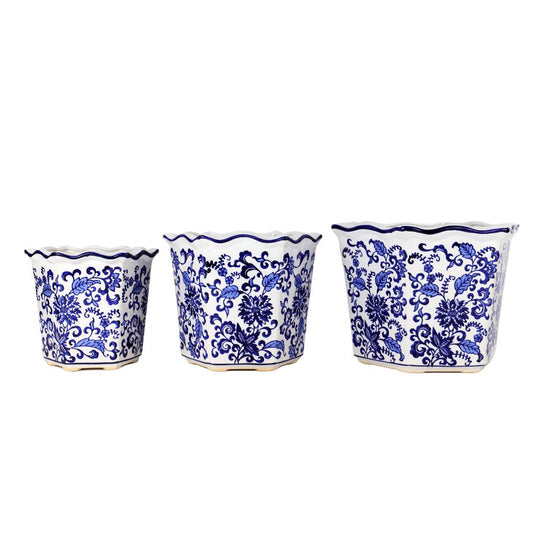 Chinoiserie Floral Hexagon Planter Set – Set of 3 Hand-Painted Ceramic Pots