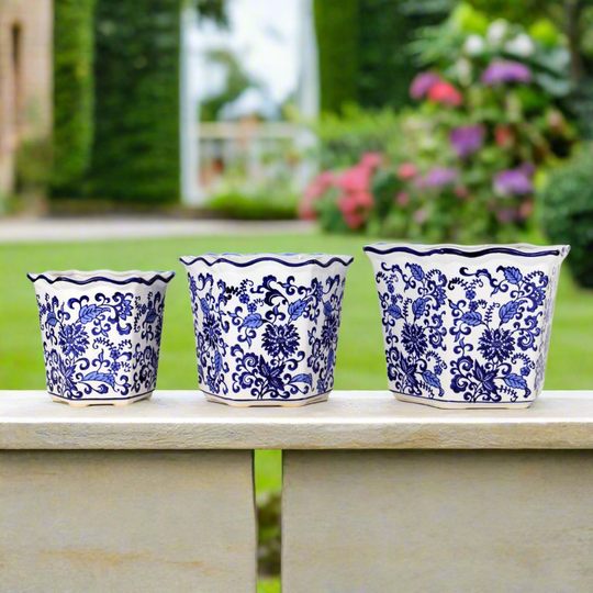 Chinoiserie Floral Hexagon Planter Set – Set of 3 Hand-Painted Ceramic Pots