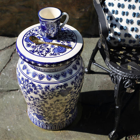 Blue Garden White Lotus Garden Podium – 12.5" Ceramic Hand-Painted Stool/Table